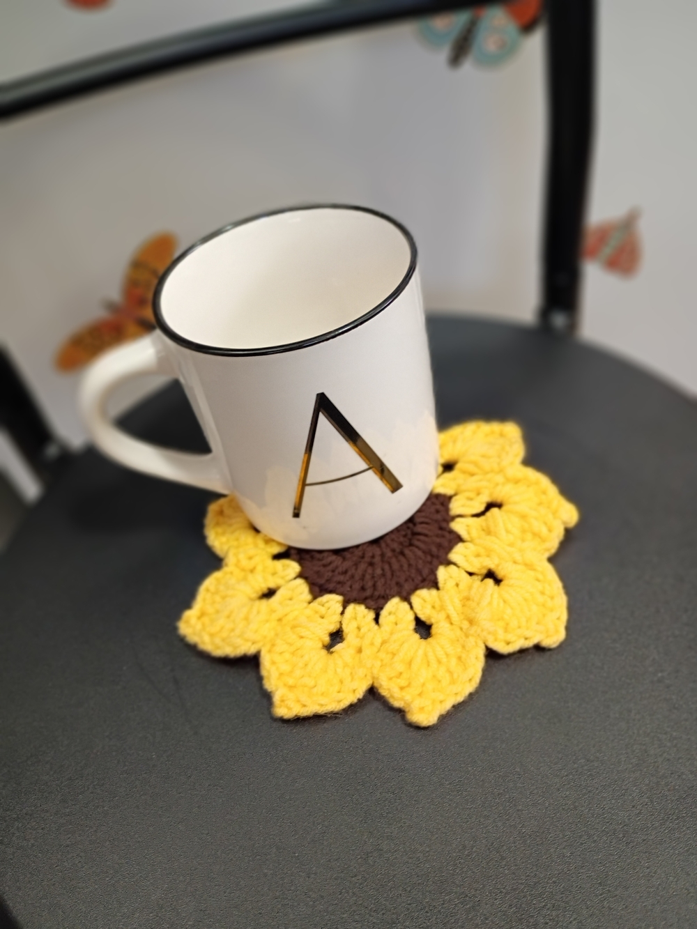 1pc Handmade Sunflower Crochet Coaster - Yellow & Brown